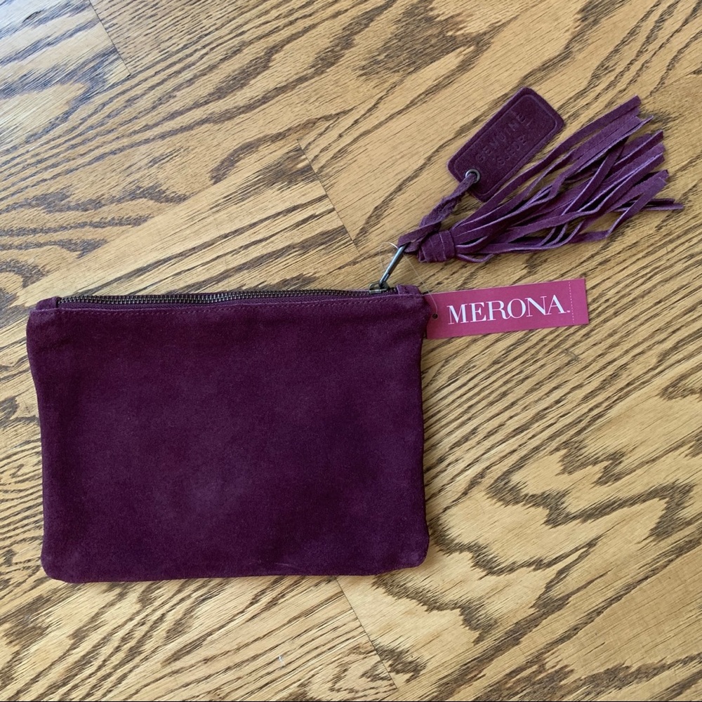 Merona Suede Burgundy Tassel Zipper Clutch